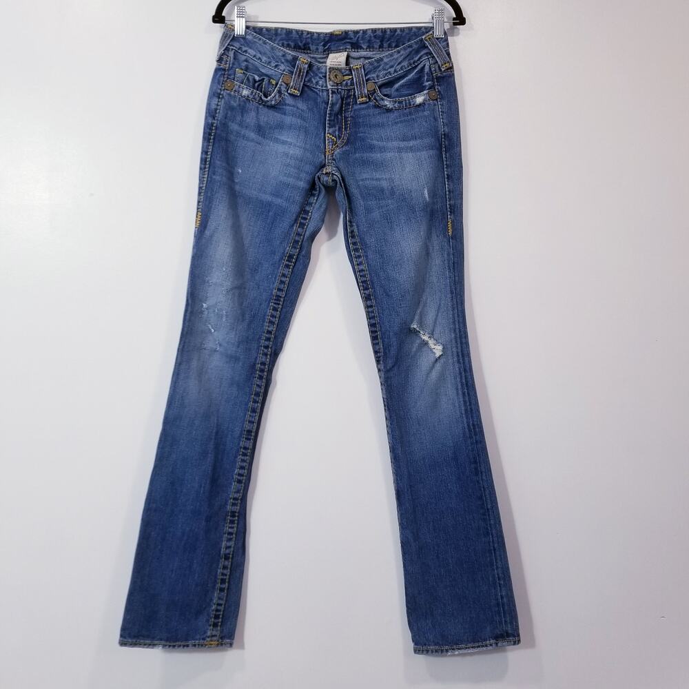 True Religion Jeans Straight Leg Distressed Low Rise Blue Denim